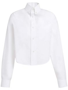 white cotton embroidered logo at the sleeve button-down collar front button fastening long sleeves buttoned cuffs chest patch pocket curved hem cropped Marni Shirt, Versace Outfit, Shirt White, Cotton Poplin, Shirt Outfit, White Cotton, Denim Dress, Patch Pocket, Cotton Shirt