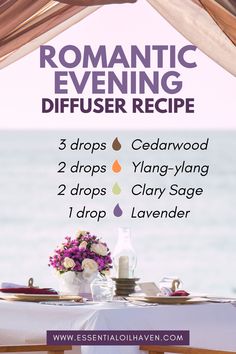 Set the stage for an enchanting evening with my Romantic Evening Cedarwood Diffuser Blend. Infused with the sensuous essences of cedarwood, clary sage, lavender, and ylang-ylang, this blend ignites passion and intimacy. Let the warm, woody notes of cedarwood mingle with the floral, aromatic tones of lavender and ylang-ylang, enhanced by the subtle herbal hints of clary sage. Perfect for a cozy date night or a quiet evening in, this blend creates an ambiance of romance and connection. Elevate ... Cedarwood Essential Oil Blends, Essential Oil Roller Bottle Recipes, Oil Therapy, Scentsy Oils, Essential Oil Usage, Essential Oils Collection, Essential Oils For Pain, Essential Oils For Sleep