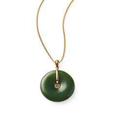 Gump's Signature Green Nephrite Jade Pi & Gold Shou Pendant Modern Yellow Gold Jade Jewelry, Gold Bride Jewelry, Nephrite Jade, Bride Jewellery, Jade Green, Jade, Yellow Gold, Pendant Necklace, Chain