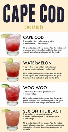 the different types of cocktails are shown in this poster