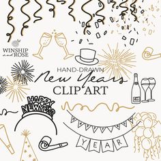 new year's clipart with champagne, wine glasses and fireworks in the background