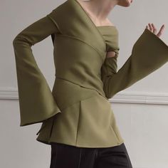 New With Tags Beaufille Green Leonis Top Featuring A V-Neckline, Wrap Detailing, Long Flared Sleeves, And Zip Closure At Back. Lined. Modern V-neck Blouse For Fall, Evening Structured Top For Fall, Structured Evening Top For Fall, Modern V-neck Top For Night Out, Fitted Green Modern Tops, Modern Fitted Green Tops, Modern Green Long Sleeve Tops, Structured Tops For Night Out In Spring, Modern V-neck Fall Blouse