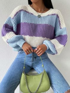 Women's Contrast Color Loose Fit Crew Neck Long Sleeve Knitted Sweater, Autumn Winter Multicolor Casual  Long Sleeve Knitwear Colorblock,Striped Pullovers Non-Stretch  Women Clothing, size features are:Bust: ,Length: ,Sleeve Length: Loose Pullover Sweater, Winter Crochet, Multicolor Sweater, Crochet Skirts, Oversize Pullover, Drop Shoulder Sweater, Sweater Autumn, Drop Shoulder Sweaters, Long Sleeve Knit Sweaters