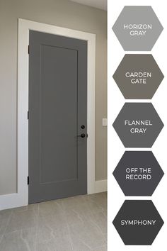 Keep it neutral with a gray front door that is sure to complement your house's exterior color.  Tap the image to explore all of our door colors and find more front door ideas! Interior Paint Colors For House Gray White Trim Black Doors, Door Design Color Paint, Gray Walls Gray Doors, White Trim Gray Doors, Gray Walls Dark Gray Doors, Front Door Interior Entryway Paint Colors, Gray Interior Trim And Doors, Charcoal Grey Doors Interior, Door Colors Inside House