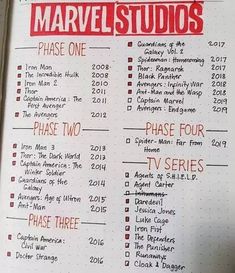 an open notebook with some writing on it and the words'marvelous studios'written in red