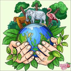 two hands holding the earth in front of trees and animals