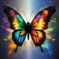 a colorful butterfly flying through the air with its wings spread out and colored lights behind it