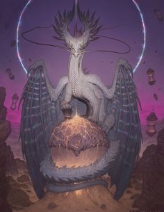 an artistic painting of a dragon sitting on top of a rock in front of a purple sky