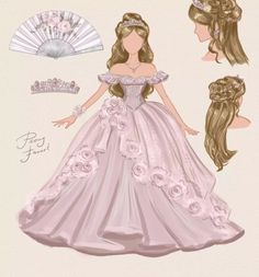 the paper doll is wearing a pink dress with flowers and a tiara on her head