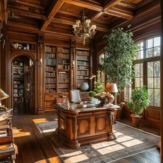 an elegant office with wood paneling and chandelier in the middle of it