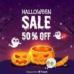 halloween sale with pumpkins and skulls on the ground in front of a purple background