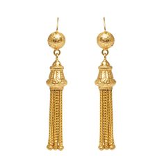 Elegant, classic and swingy.  These 18KT Gold tassel fringe earrings have beautiful ball tipped fringe which have a nice swing and movement.  Movement was something the Victorians crafted beautifully in so many different pieces of jewelry.  The cap of the fringe has ball and engraved detail as well as the top button that attaches to the ear wire.  18KT Gold with a soft warm patina. 12.6 grams.  2 inches in length from top to bottom.   Comfortable and easy to wear from day into night. English in Bulldog Decor, Victorian Crafts, Beautiful Ball, Faberge Jewelry, Antique Earrings, Antique Diamond, Tassel Fringe, Fringe Earrings, Pearl Drop Earrings