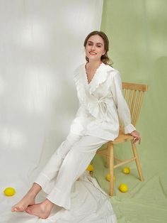 White Vintage Romantic Exquisite Cross Big Ruffled Edge Embroidered Bow Tie Striped Polka Dot Loungewear Pajama set Feminine Long Sleeve Ruffled Sleepwear, Elegant Cotton Sleepwear With Ruffles, Feminine Long Sleeve Sleepwear With Ruffles, Long Sleeve Ruffled Sleepwear For Home, Elegant Spring Home Sets, Elegant Bedtime Sets For Spring, Elegant Home Sets For Spring, White Ruffled Sleepwear For Loungewear, Long Sleeve Sets With Lace Trim For Daywear