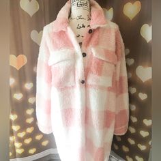 Stunning Plaid Sherpa Teddy Style Jacket Comfortable Oversize Loose Fit Style For The Look Super Soft And Cozy Front Pockets! Oversized Pink Outerwear With Button Closure, Cozy Button-up Spring Outerwear, Cozy Spring Button-up Outerwear, White Oversized Cozy Outerwear, Cozy Oversized White Outerwear, Cozy White Oversized Outerwear, Trendy White Button-up Outerwear, White Oversized Outerwear With Lapel Collar, Oversized White Buttoned Outerwear