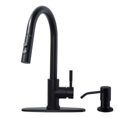 the black faucet is attached to the sink and has an adjustable goose handle