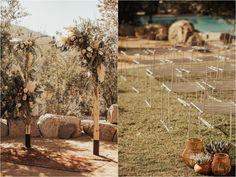 an outdoor ceremony set up with chairs and flowers on the aisle, and in front of a pool