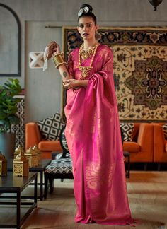 Shop Sangeet Outfit - HATKAY Reception Look Indian, Saree Reception Look, Rani Pink, Fancy Saree, Reception Look, Brocade Blouses, Weaving Designs, Bridal Silk Saree, Trendy Sarees