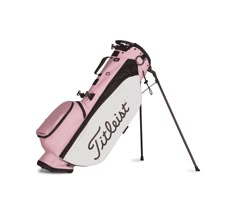 a pink and white golf bag with the title title written on it, in front of a white background