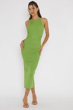 Charmed Me Ribbed Knit Midi Dress Green Midi Dress Green, Brunch Date, Midi Dress Style, Split Maxi Dress, Baguette Bag, Iron Material, Green Midi Dress, Sunday Brunch, Knit Mini Dress