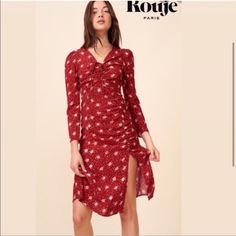 Rouje Anouk Red Dress. Brand New/W Tag. French Romantic Floral Midi Dress. Size 36/Small Feminine Red Midi Dress For Date Night, Elegant Red Floral Print Midi Dress, Feminine Red Midi Dress For Fall, Black Holiday Dress, Paloma Dress, Jeanne Damas, Split Legs, Midi Wrap Dress, Wrap Midi Dress