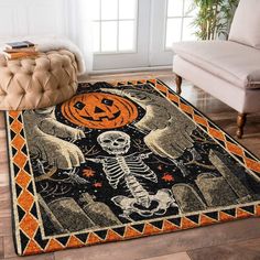 a halloween rug with a skeleton on it and a pumpkin in the middle, sitting next to a chair