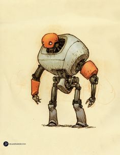 a drawing of a robot with an orange helmet