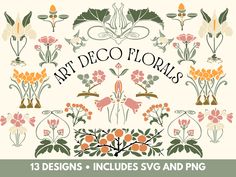 the art deco florals logo is shown in various colors and designs, including flowers