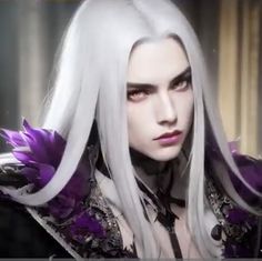 a man with long white hair and purple eyes