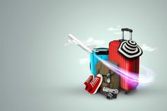 suitcases with hats, shoes and an airplane flying in the sky