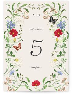 a card with the number five surrounded by flowers and butterflies