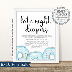 a printable poster with the words late night diapers and donuts on it