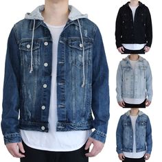 Mens' Distressed Denim Hoodie Jacket Color : Dk indigo, Lt indigo, Indigo, Black Size : Small to 5XL Material : 100% Cotton  Fit : Regular fit ( True to Size ) Size chart                                S               M              L                XL              2XL             3XL           4XL          5XL Chest                   21               22            23               24               25               26               27            28 Bottom                21               22            23               24               25               26               27            28 Hooded Dark Wash Cotton Denim Jacket, Denim Blue Hoodie With Pockets, Denim Blue Denim Hoodie For Winter, Casual Denim Hooded Jacket, Winter Denim Blue Denim Hoodie, Hooded Dark Wash Denim Jacket For Streetwear, Urban Hooded Denim Blue Denim Jacket, Urban Hooded Denim Jacket In Denim Blue, Hooded Dark Wash Denim Jacket