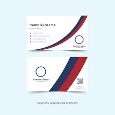 two business cards with blue, red and white stripes on the bottom one has a circular logo