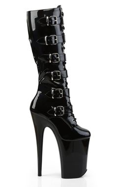 9" Heel, 5 1/4" PF Front Lace-Up Knee BootHEEL/PLATFORM : 9" Heel, 5 1/4" PFFIT GUIDE : True to sizeVEGAN : Yes Patent Knee High Boots, Pleaser Heels, Goth Shoes, Extreme High Heels, Leather Thigh High Boots, Pleaser Shoes, Black Platform Boots, Black Knee High Boots, Bridal Clutch