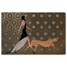 a woman walking a cheetah on a leash in front of hexagonal tiles