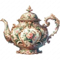 an ornately painted teapot with flowers on it