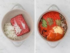 two pictures of different food items in a pot on top of a counter next to each other