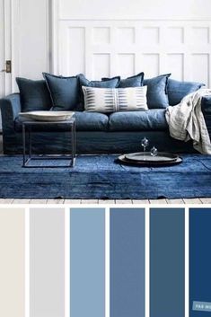 a living room with blue and white colors