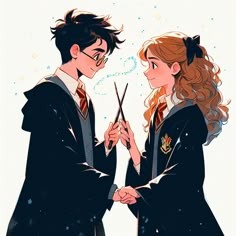 two people dressed in harry potter outfits holding scissors and looking at each other's eyes