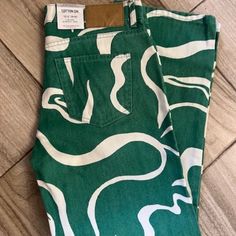 Green And White Swirl Design Wide Leg Denim. Size 6. Cotton Citizen, Swirl Design, Wide Leg Denim, Green And White, Wide Leg Jeans, Flare Jeans, Leg Jeans, Swirl, Jeans Size