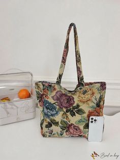 Bird in Bag - Small Double-Patterned Shopping Bag Casual Floral Print Shoulder Bag For Daily Use, Floral Print Tote Satchel For Daily Use, Daily Use Double Handle Shoulder Bag With Floral Print, Floral Print Double Handle Shoulder Bag For Daily Use, Daily Use Floral Print Double Handle Shoulder Bag, Daily Use Floral Print Shoulder Bag With Double Handle, Casual Rectangular Canvas Bag With Floral Print, Casual Travel Bag With Floral Print, Trendy Floral Print Tote Shoulder Bag