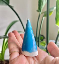 a small blue and white cone shaped object in someone's hand next to a potted plant