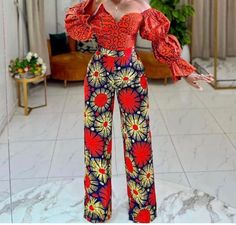 Two pieces Ankara crop top and pant. It's a finished product and sewn to fitting. Mixed Ankara Styles For Women, Ankara Jumpsuit For Ladies, Two Piece Ankara Outfit, Two Piece Ankara Styles, Ankara Shirt And Trouser For Women, Ankara Jumpsuit Outfit, Jumpsuit Ankara Styles, Ankara Trouser And Top Styles, Ankara Trouser And Top