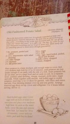 an old - fashioned potato salad recipe is shown in this book, with instructions on how to make it