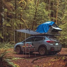 a car parked in the woods with a tent on top