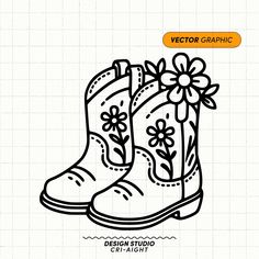 a pair of boots with flowers on the soles, hand drawn in black and white