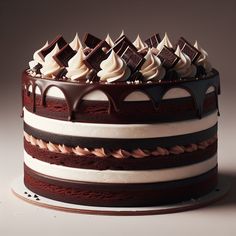 a cake with chocolate icing and white frosting on it's top layer