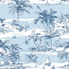 a blue and white tropical wallpaper with palm trees, sailboats and boats on the water