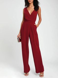 Burgundy wide-leg plunge-neck jumpsuit with pockets Burgundy Jumpsuit, Backless Jumpsuit, Lace Jumpsuit, Burgundy Lace, One Piece Outfit, Sleeveless Jumpsuits