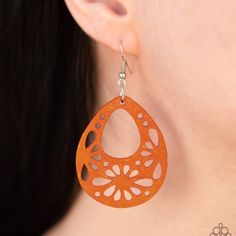 Lead & Nickel Free. Brushed In A Colorful Orange Finish, A Wooden Frame Featuring Airy Stenciled Patterns Swings From The Ear For A Summery Look. Earring Attaches To A Standard Fishhook Fitting. Brown Jewelry For Spring Gift, Spring Brown Jewelry Gift, Spring Gift Brown Jewelry, Orange Dangle Jewelry For Spring, Wooden Earrings, Paparazzi Jewelry, Fish Hook, Wooden Frame, Wooden Frames